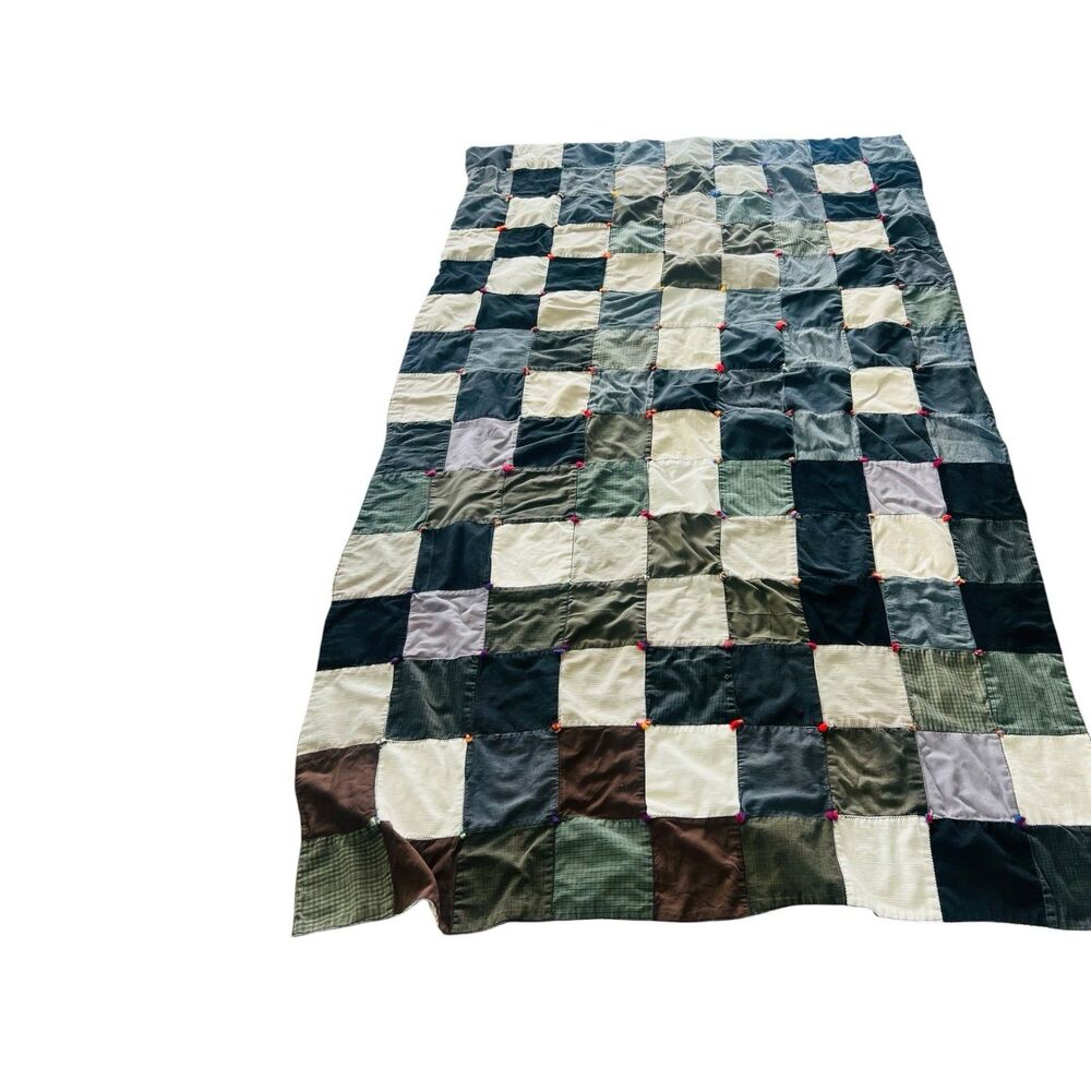 Vintage Handmade Patchwork Tie Quilt Twin Blanket Wool Cotton Primitive Throw